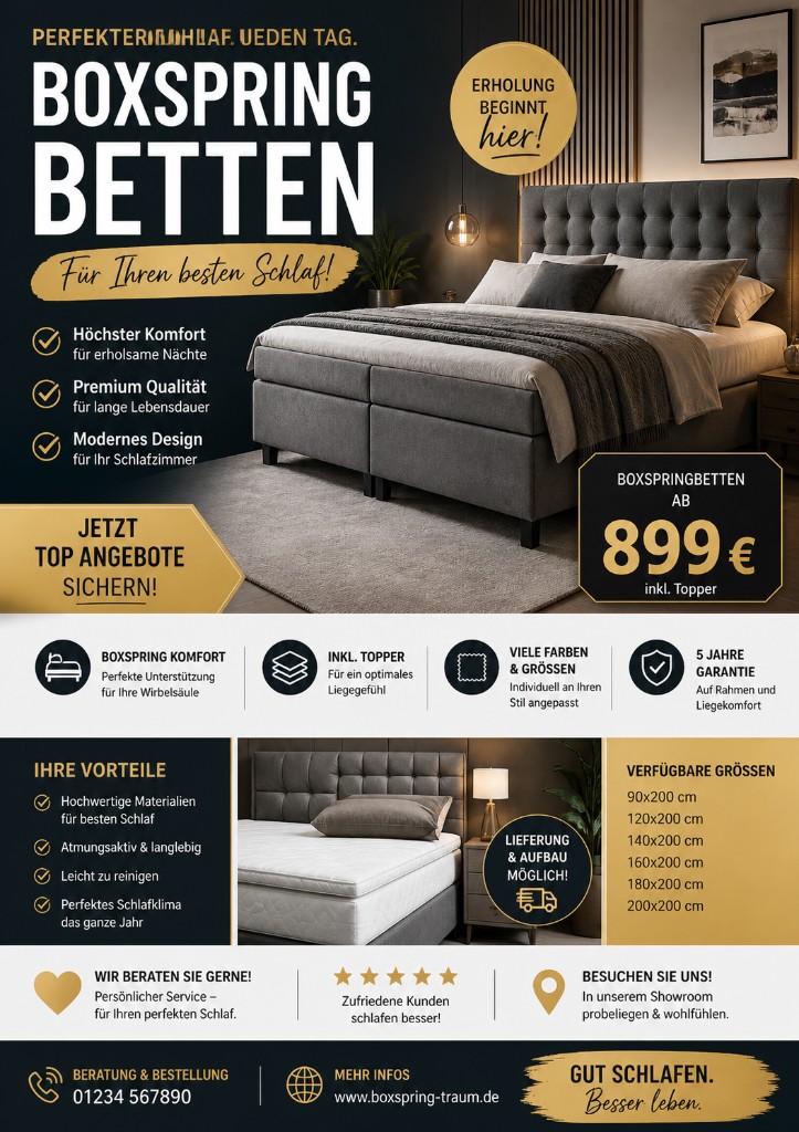 Print-Referenz: Werbeflyer Boxspring-Betten mit Produktfoto, Leistungen und Angebotspreis