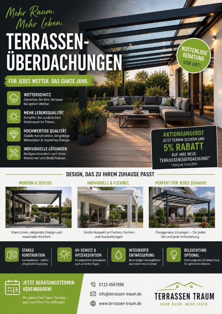 Print-Referenz: Werbeflyer Terrassen Traum – Terrassenüberdachungen mit Fotos, Vorteilen und Aktionsangebot
