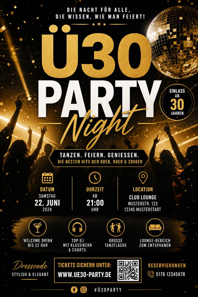 Print-Referenz: Veranstaltungsflyer Ü30 Party mit Eventdetails, Icons und Ticket-QR-Code