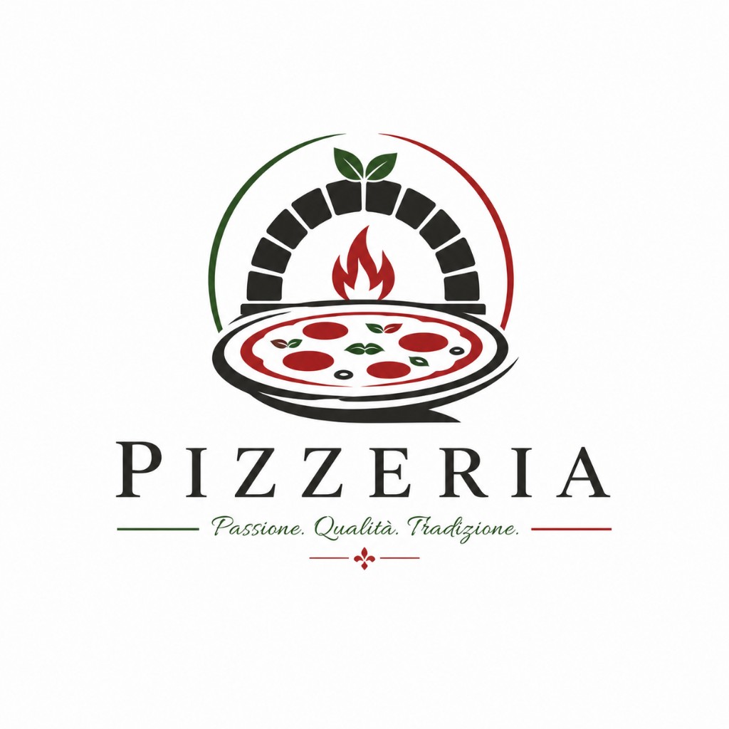 Logo-Referenz: Pizzeria – Kombinationslogo mit Ofen, Pizza und italienischen Akzenten