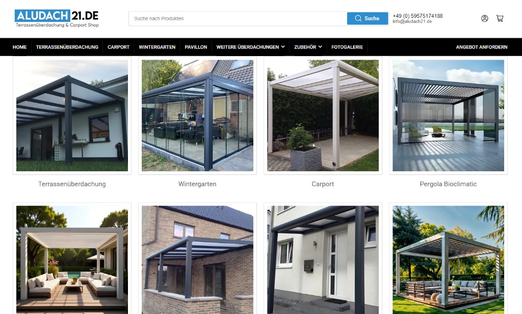 Website-Referenz: ALUDACH21.DE – Terrassenüberdachung und Carport Shop mit Produktraster und Navigation