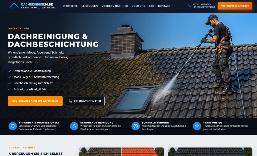 Website-Referenz: DACHREINIGER24.DE – Dachreinigung und Dachbeschichtung mit Hero-Bereich und Leistungsnavigation
