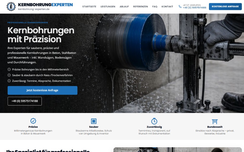 Website-Referenz: KERNBOHRUNG EXPERTEN – professionelle Kernbohrungen mit Hero-Bereich und Navigation