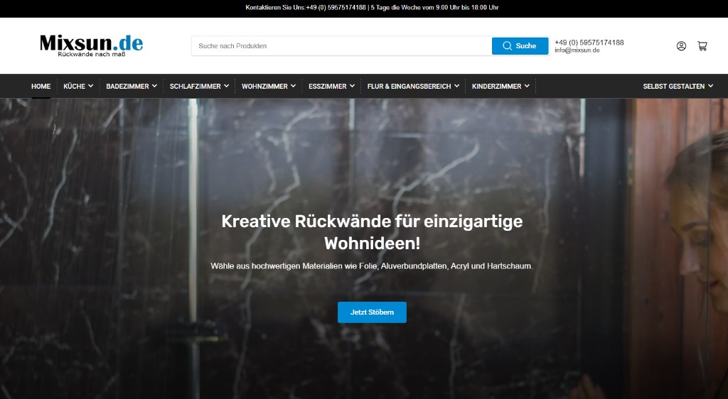 Website-Referenz: Mixsun.de – maßgefertigte Rückwände, Onlineshop mit Hero-Bereich und Navigation