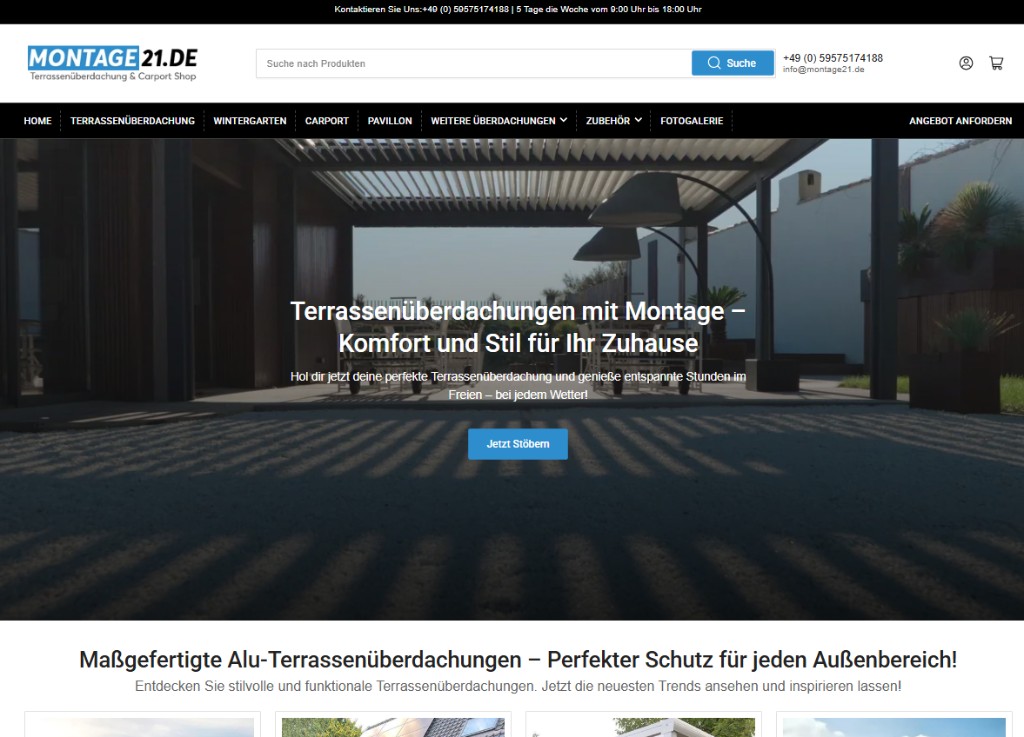 Website-Referenz: Montage21.de Shop für Terrassenüberdachung und Carport mit Hero-Bereich und Navigation