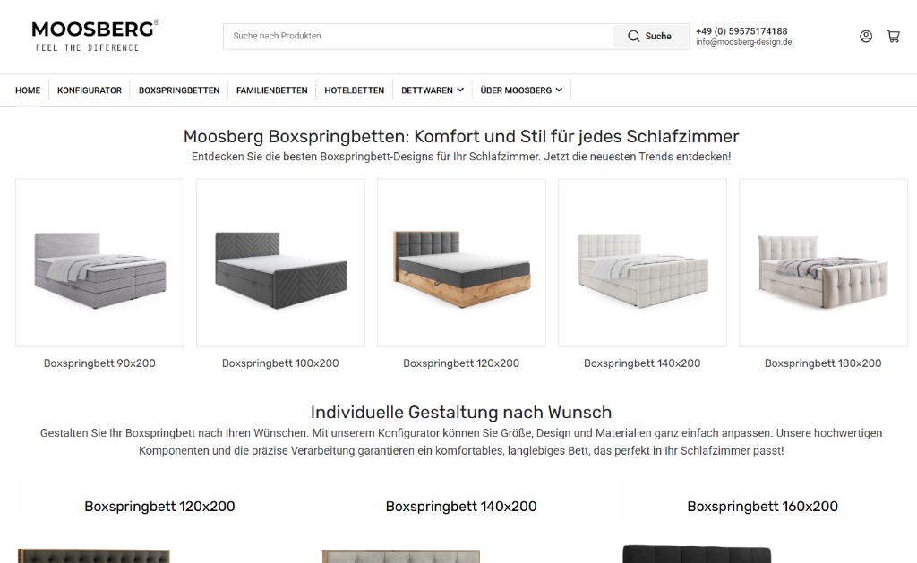 Website-Referenz: Moosberg Boxspringbetten – Onlineshop mit Produktübersicht und Konfigurator