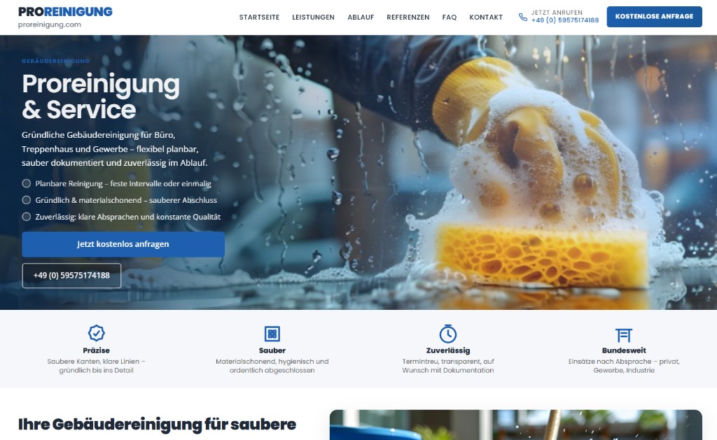 Website-Referenz: PROREINIGUNG – proreinigung.com, Gebäudereinigung mit Hero-Bereich und Navigation
