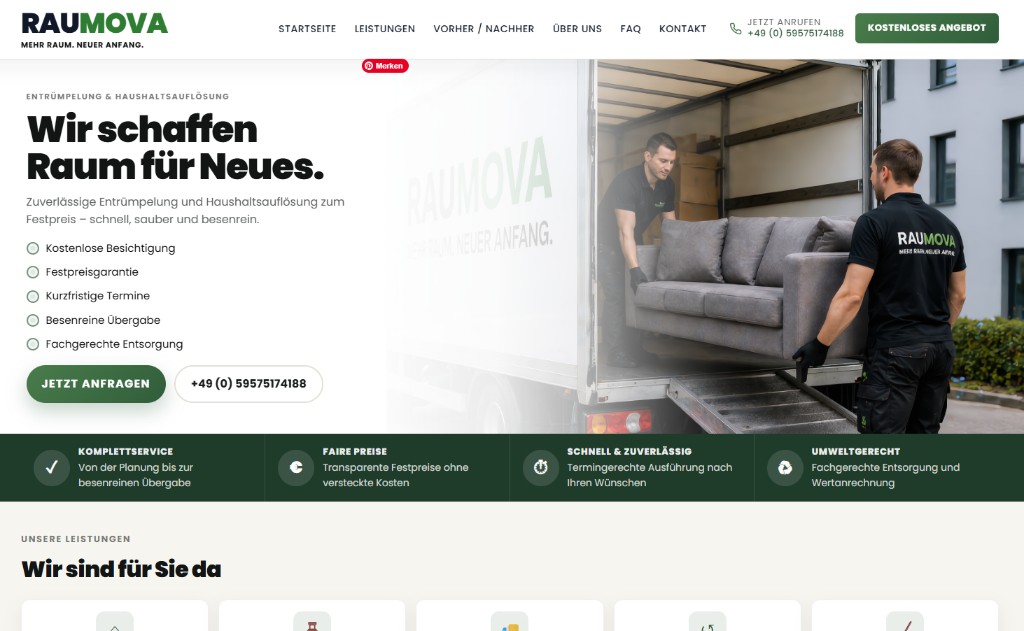 Website-Referenz: RAUMOVA – Entrümpelung und Haushaltsauflösung mit Hero-Bereich und Navigation