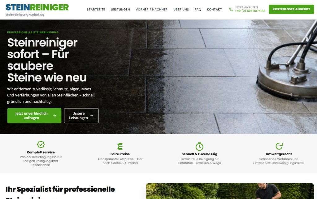 Website-Referenz: STEINREINIGER – steinreinigung-sofort.de, professionelle Steinreinigung mit Hero-Bereich und Navigation