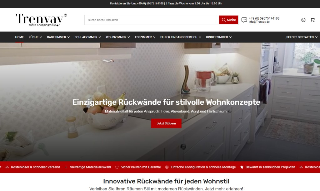 Website-Referenz: Trenvay – individuelle Rückwände und Paneele, Shop mit Küchen-Hero und Navigation