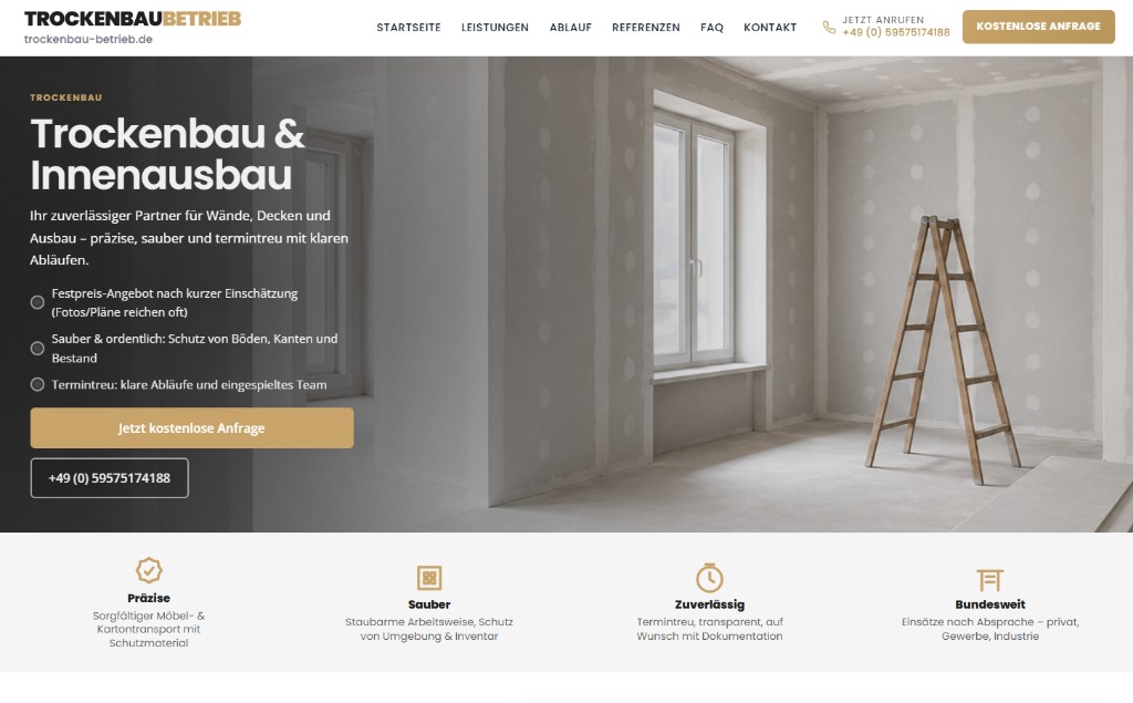 Website-Referenz: TROCKENBAUBETRIEB – trockenbau-betrieb.de, Trockenbau und Innenausbau mit Hero-Bereich und Navigation