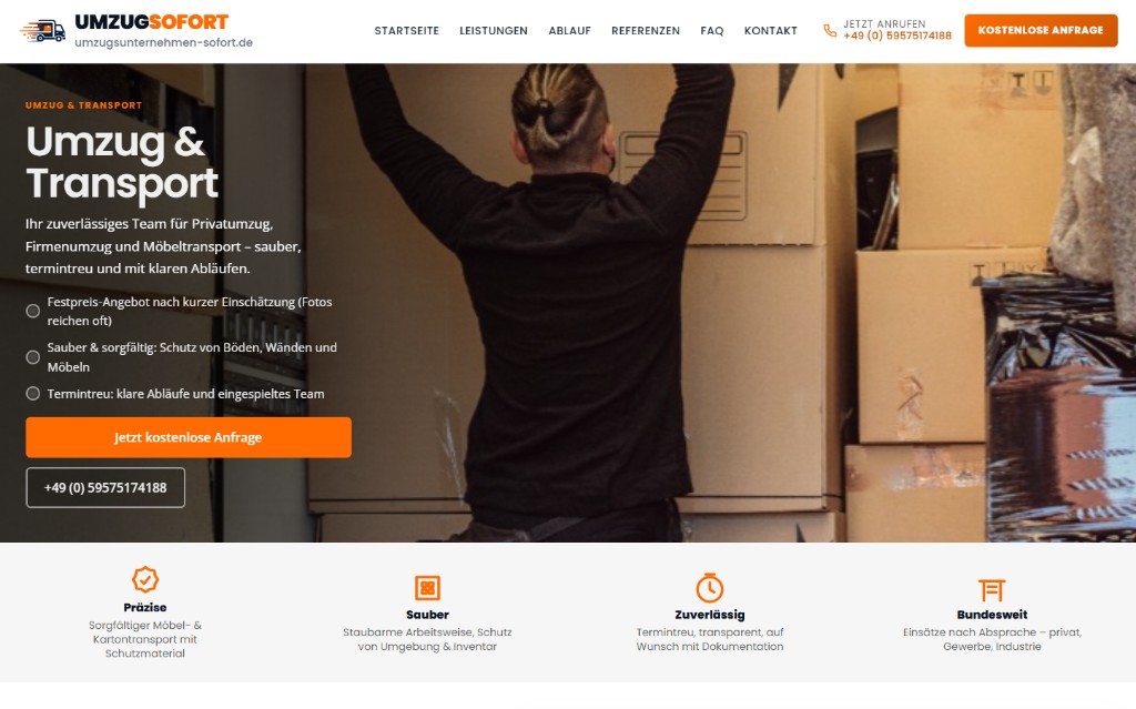Website-Referenz: UMZUGSOFORT – umzugsunternehmen-sofort.de, Umzug und Transport mit Hero-Bereich und Navigation
