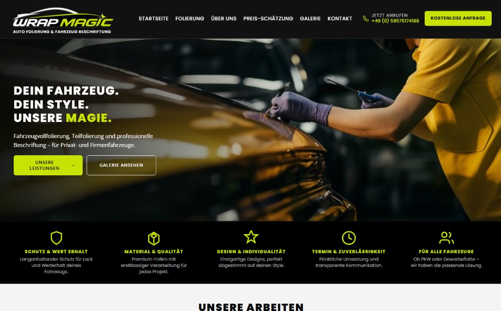 Website-Referenz: WRAP MAGIC – Auto-Folierung und Fahrzeugbeschriftung mit Hero-Bereich und Navigation